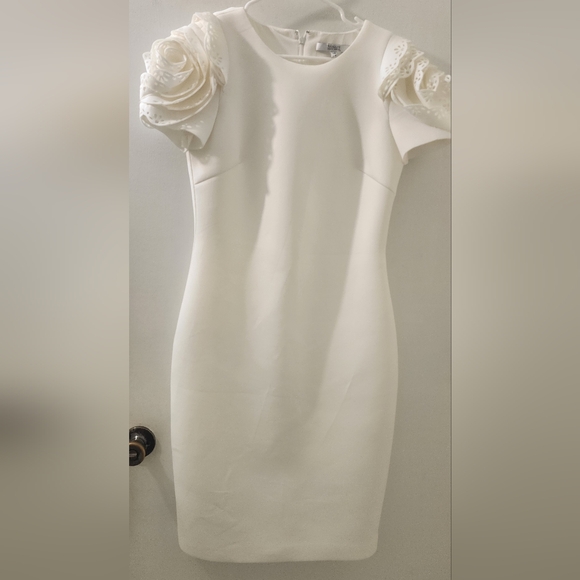 Badgley Mischka Elegant White Dress with Floral Sleeves Size 10.